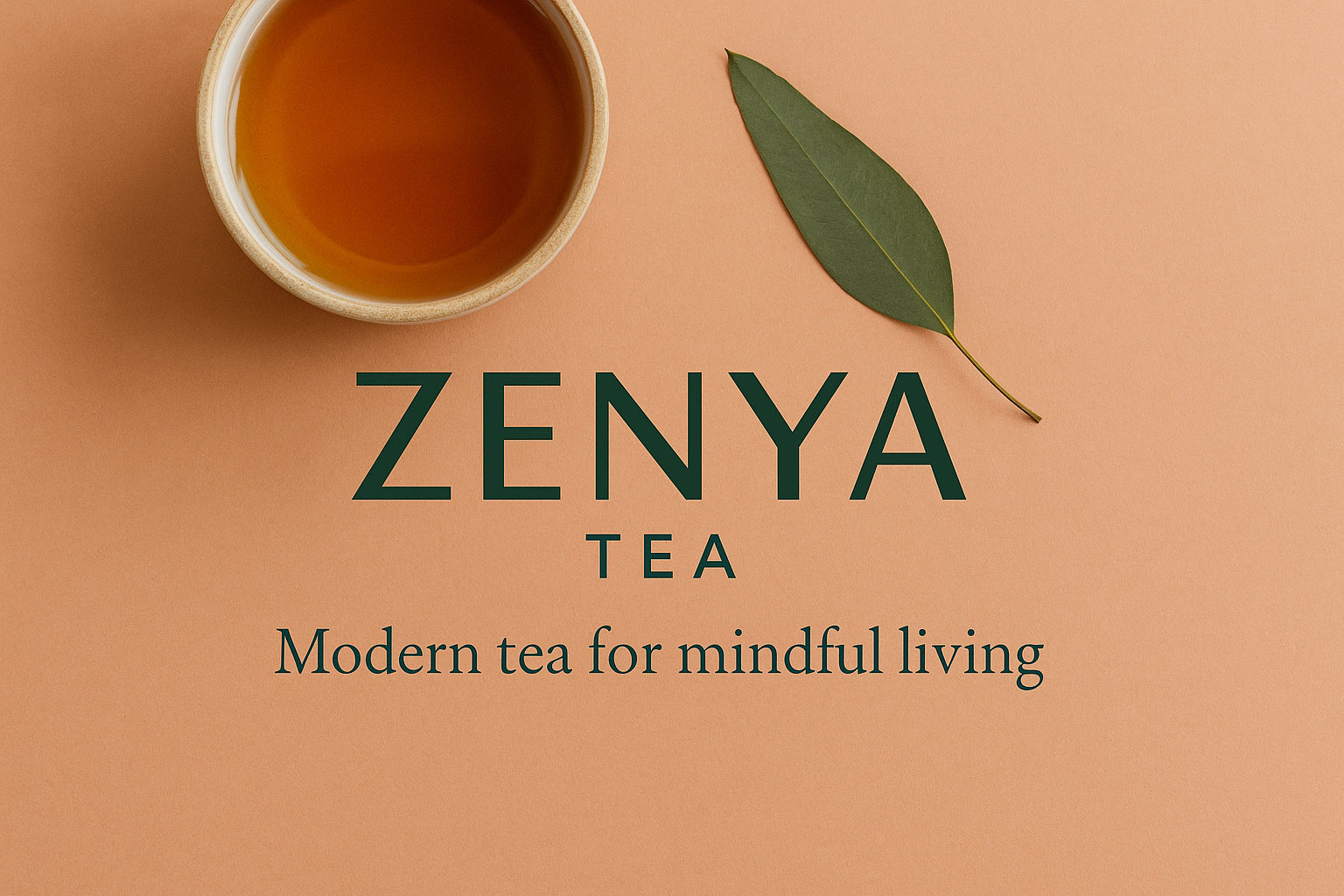 ZENYA TEA logo with a cup of tea and a leaf on a black background