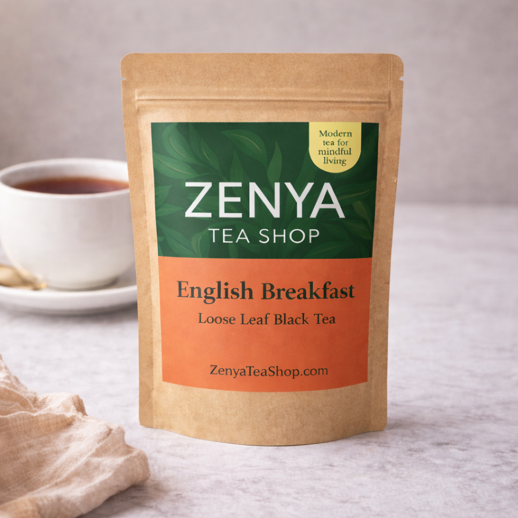 Zeny Tea Shop English Breakfast tea package with a cup of tea in the background