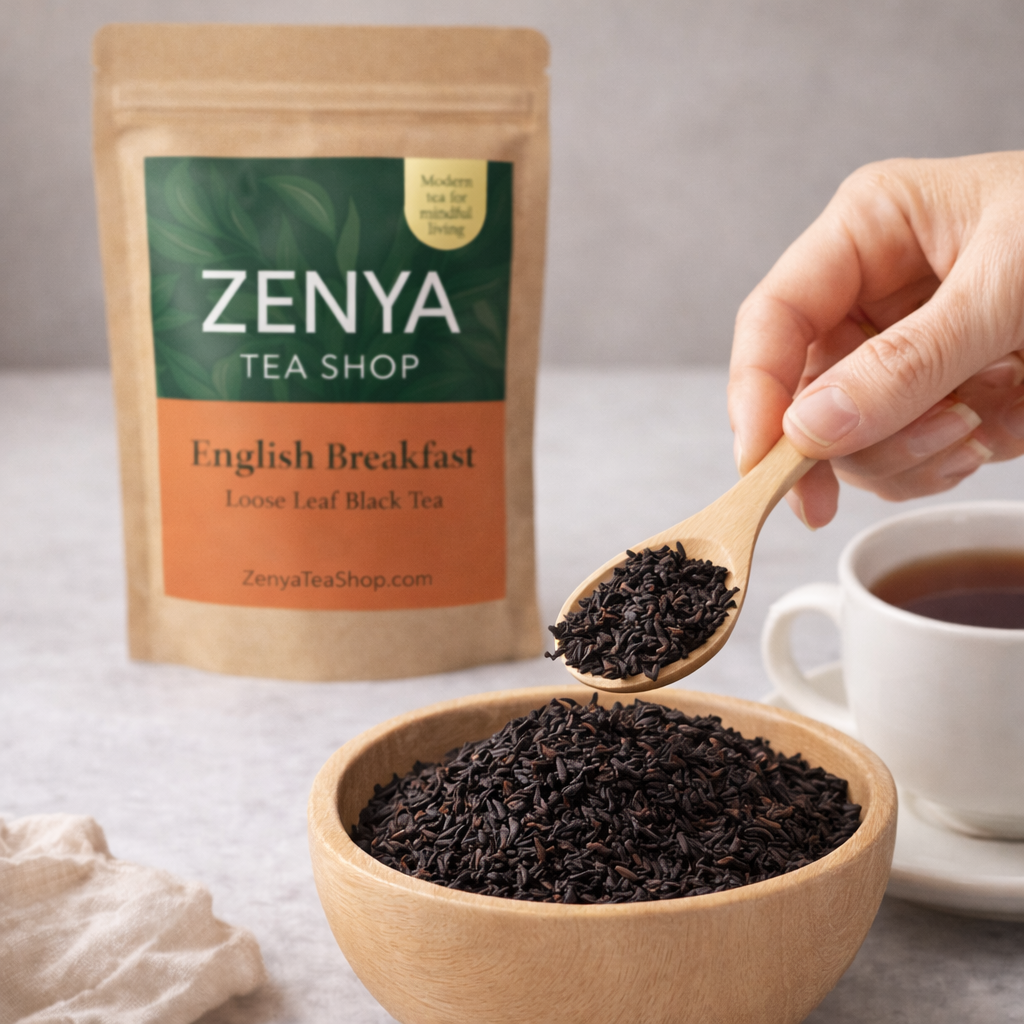 ZENYA TEA SHOP English Breakfast tea package with a bowl of loose tea, wooden spoon, and cup on a light background.