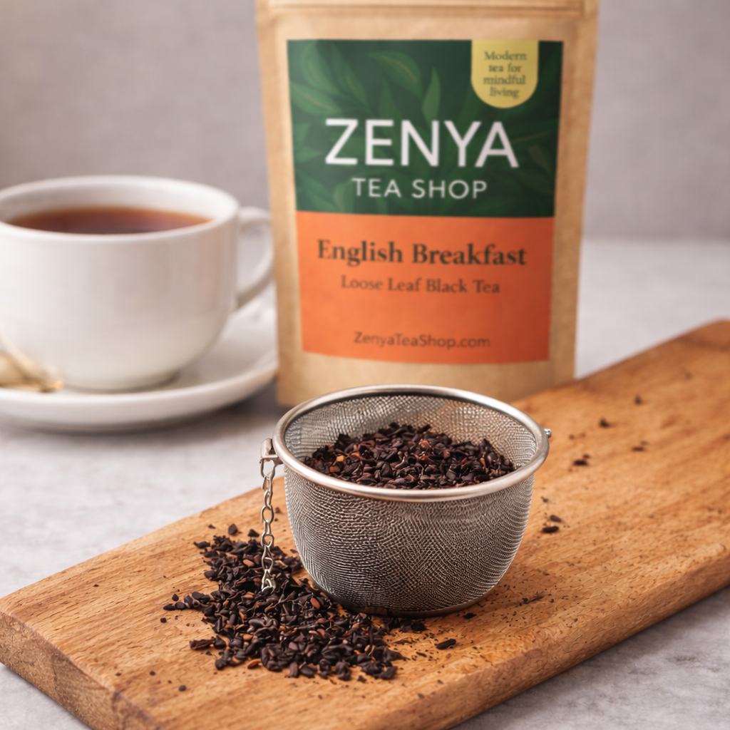 ZENYA TEA SHOP English Breakfast tea package with a cup of tea and tea leaves on a wooden board.